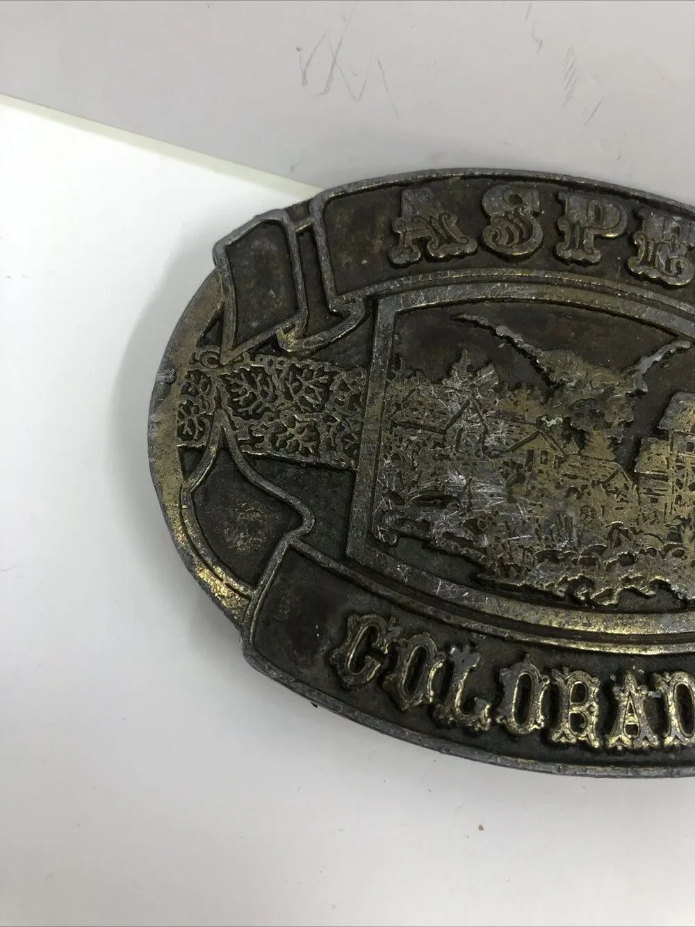 Belt Buckle Aspen Colorado Dark Brass or Bronze Colorado  3 1/4 “x 2 1/2